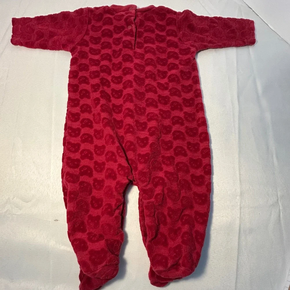 Vintage McBaby Red‎ Plush Footed Pajamas 0-3 Months Teddy Bear Applique Romper